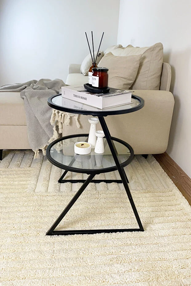 Valencia Yan Sehpa - Siyah Metal Şeffaf Camlı Çok Amaçlı Koltuk Sehpası Zigon Sehpa Servis Sehpası